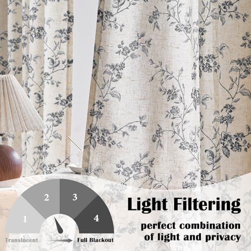 Lazzzy Black Vintage Floral Linen Curtains Farmhouse 38W X 90L 2 Panels - color: Black on Beige, size: 38"W x 90"L (Pack of 2)