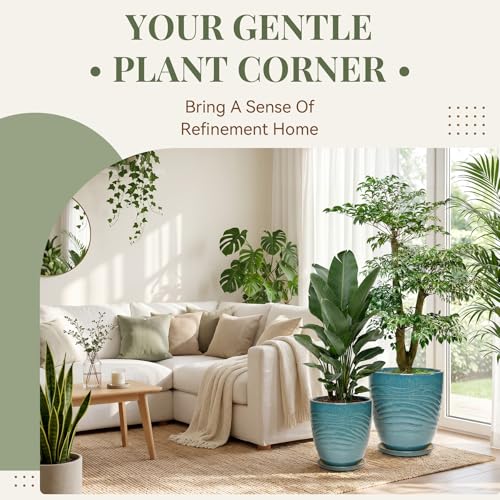 11.8 Inch Modern Ceramic Plant Pot with Saucer, Flower Pot with Drainage Hole Mesh Net,Indoor Outdoor Planter (Crackle-Blue) - color: Crackle-blue, size: 11.8 Inch
