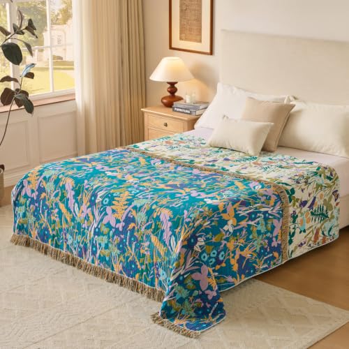 Boho Throw Blanket, 100% Soft Cotton Floral Quilt, Twin 60"x 80" - color: Wildflowers, size: Twin 60"x80"