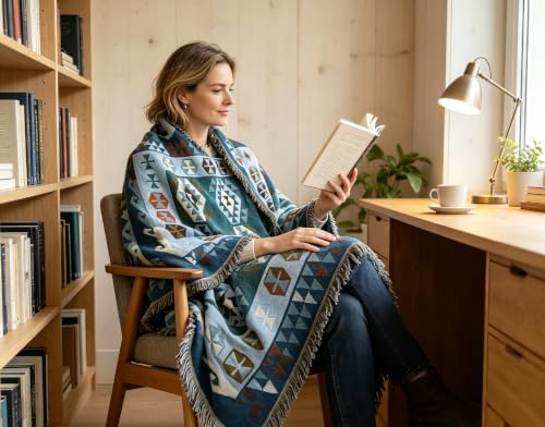 Luxlovery Aztec Sofa Throw Blankets Blue Ethnic Woven Boho Dusty Blue Color Bohemian Woven Throw Blanket for Couch Aztec Bed Throws Oversized Chair Sofa Cover with Tassels(70"x90") - color: Blue Turkey, size: 70"x90",180x230cm