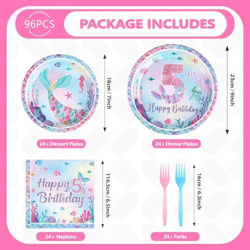 Grencian 96 Pcs Mermaid 5th Birthday Party Decorations for Girls, Serves 24 - style: Mermaid 5th Kit