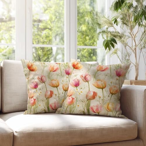 Pink Peach Tulip Throw Pillow Covers 18x18 Set of 2, Watercolor Floral Decorative Cushion Covers, Cottage Garden Pillow Cases for Couch Sofa Bedroom Living Room Decor - color: Watercolor Tulip