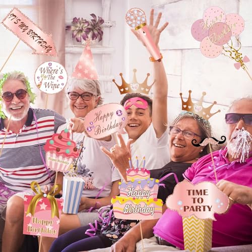 33PCS Glitter Birthday Photo Booth Props, LMSHOWOWO Rose Gold Party Photobooth Props Fun Selfie Props with Lips, Crowns, Flowers, Lipsticks for All Ages Girls Women Birthday Decorations