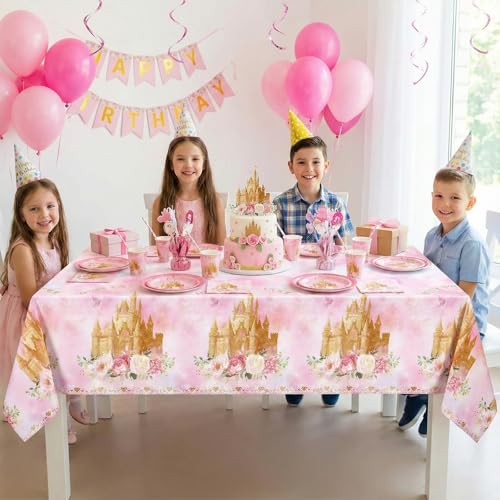 3 Pack Princess Tablecloths, Disposable Pink Rose Castle Themed Table Cloth - color: Rose Castle