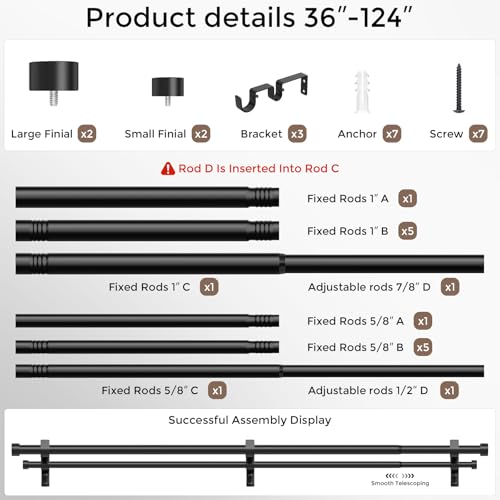 Double Curtain Rod, 36-124 Inch Black Modern Heavy Duty Dual Rods - color: Black, size: 36"-124"