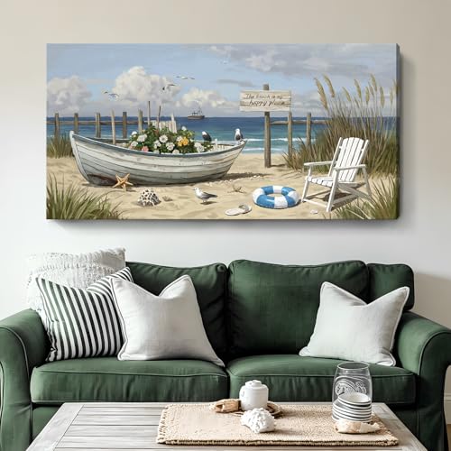 amatop Seaside Wall Art Coastal Landscape Print For Living Room 48X24 In - color: Blue Seaside Boat Wall Art, size: 48"L x 24"W
