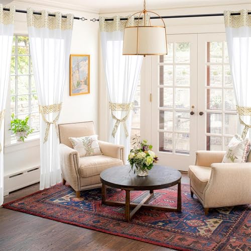 L.Z.E White and Gold Sheer Curtains 108 Inches Long, Elegant White Curtains for Living Room Dining Room, Light Filtering Window Drapes with Gold Foil Patterned Designs, Grommet Top 2 Panels Set - color: (Grommet) Gold Pattern, size: 54"W x 108"L (Pack of