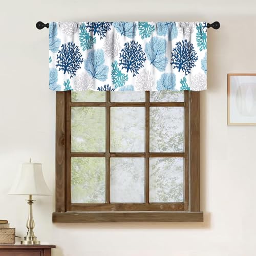 Coastal Valance for Windows,Summer Beach Curtains Valances Blue Coral Short Curtains Window Treatment for Kitchen Living Room Bedroom Bathroom 1 Piece,54x18 Inch - color: Coastal-5
