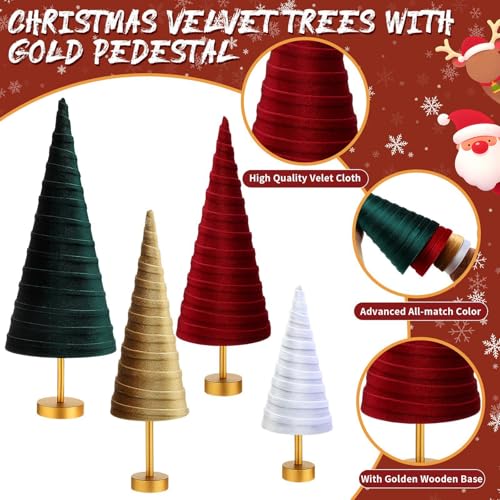 Hoolerry 4 Pcs Christmas Velvet Trees with Gold Pedestal, Classic Xmas - color: Classic Xmas