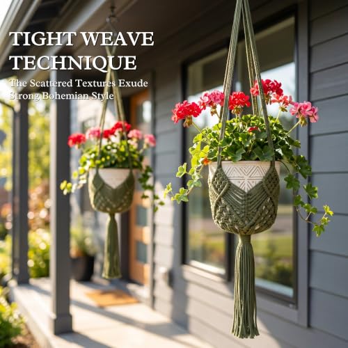 Boho Macrame Plant Hanger with Hooks, Rope Hanging Baskets for Plants - color: Green 2pack Pots Not Included