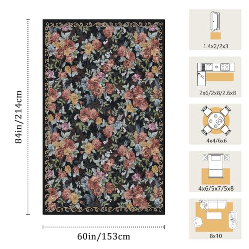 Washable 5x7 Area Rug, Navy Boho Floral Non-Slip for Living Room, Bedroom - color: Dark Navy, Dusty Rose, Mustard and Blue Grey, size: 5' x 7' (Rectangular)