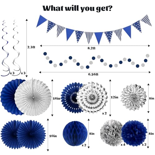 24 Pcs Blue Silver Party Decorations, Paper Fans Pom Poms Banner 8-16 in - color: Blue and Silver
