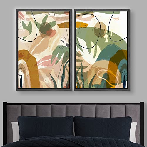 IDEA4WALL Framed Canvas Print Wall Art Set Retro 1960s Jungle Leaf Landscape Abstract Shapes Illustrations Modern Art Decorative Bohemian Calm/Zen for Living Room, Bedroom, Office - 16"x24"x2 Black - color: B06-2211-n16, size: 16" x 24" x 2 Panels BLACK