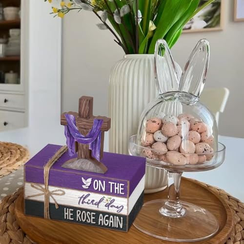 Geelin 4 Pcs Easter Lent Decorations for home, He Is Risen Wooden Sign Christian Tabletop with Cross and Scripture Theme for Table, Tiered Tray, Desk, Shelf, Faith Spring Decor - style: Easter