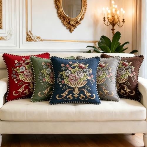 Set of 2 Red Vintage Embroidered Throw Pillows Covers 18x18in Sofa Couch,Red Floral Embroidered Cushion Cover for Sofa Bed Chairs Car - color: Red