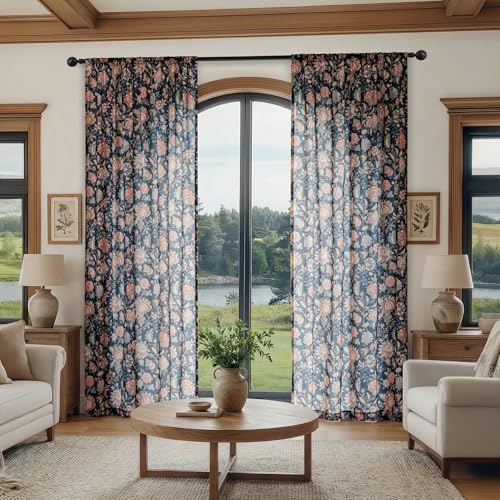 FMFUNCTEX Boho Floral Semi Sheer Curtains for Bedroom, Black Printed Vintage Flower Curtains 63 Inch Length for Living Room, Voile Light Filtering Privacy Window Drapes Rod Pocket 2 Panels - color: Rod Pocket | Black, size: 52"W x 63"L (Pack of 2)