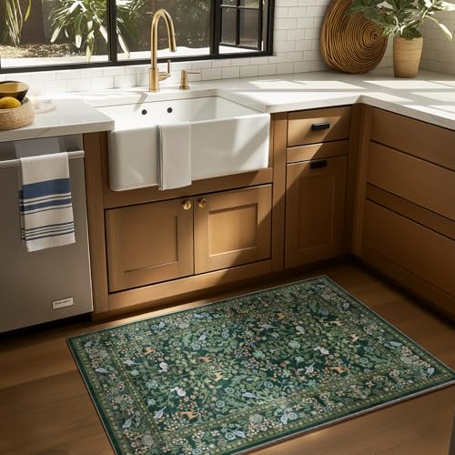 2x3 Washable Rugs for Entryway Indoor: Small Area Rug Door Mat Entrance Non-Slip Low Pile Soft Throw Rug for Kitchen Front Door Indoor Entrance Bedside Entry Kids Room - color: Animal and Floral-dark Green, size: 2' x 3' (Rectangular)