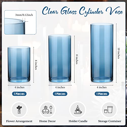 Inbagi 3 Pack Blue Candle Holders, Glass Hurricane Vases, 6, 8, 10 in