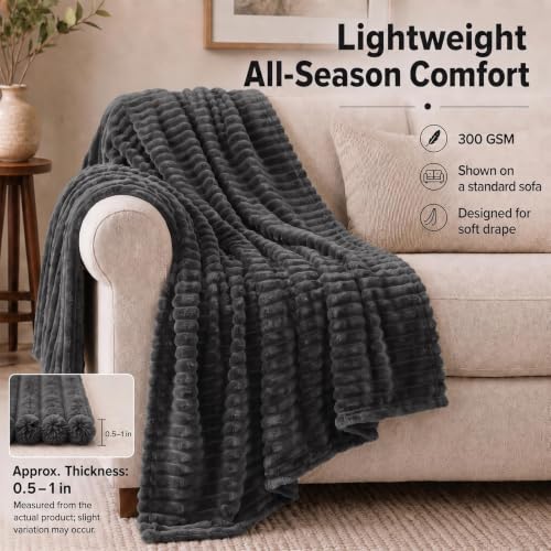 HIMEET Charcoal Grey Throw XL Blanket, 300GSM Ribbed Fleece, 50 x 70 Inches - color: Charcoal Grey, size: Throw XL (50" x 70")