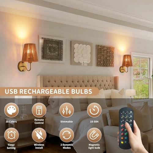 Boho Battery Operated Wall Sconces Set of 2, Gold Rattan Shade Wireless Wall Lights with Remote Rechargeable Bulbs, 15 Colors and Dimmable, Cordless Battery Powered Wall Lamp for Living Room Bedroom - color: Gold 11.8 Inch