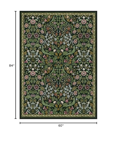 Lahome Green Floral 5x7 Rug, Washable Botanical Area Rug for Living Room - color: Green, size: 5' x 7'