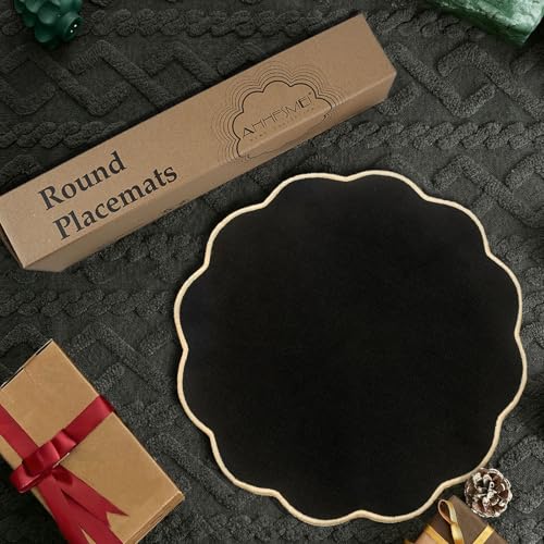 AHHFSMEI Round Scalloped Placemats Set of 6 15 Inch Faux Linen - color: Black