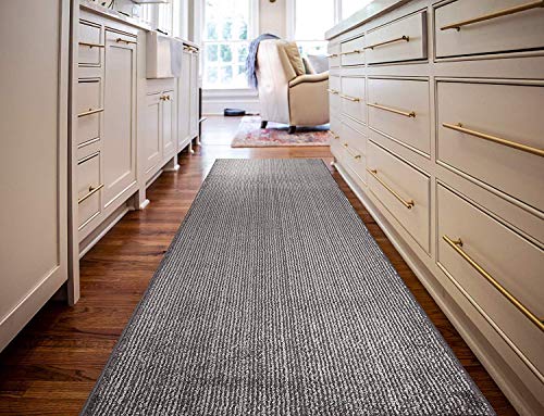 REMNAZ Anti-Slip Hallway Runner Rug | Custom Cut Length | 31" Wide | Thick Rubber Back for Hardwood Floors | Pet & Kid Friendly | Heathered Stripe Grey | 31 inch x 7 feet - color: Striped / Grey, size: 31 inch Width X 7 Feet Length