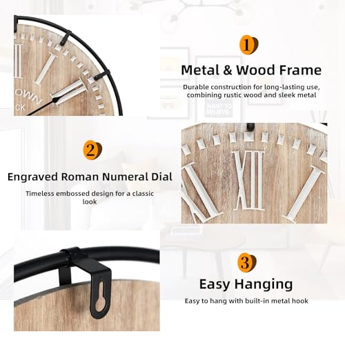 24 Inch Large Farmhouse Wall Clock,Rustic Wooden Wall Clock Decorative with Metal Circle and Engraved Numerals, Silent Battery Operated for Kitchen Bedroom Living Room Fireplace Mantel - color: 24 Inch Natural Wood Dial With White Roman Numerals
