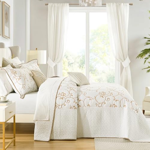 100% Cotton Oversized Bedspread Quilt Coverlet Set, 120"x102" Extra Large Queen Bedspreads with Pillow Shams, Lightweight Embroidered Bedding Cover 3 Piece, Beige/White - color: Beige/White, size: Oversized Queen(120"x102")
