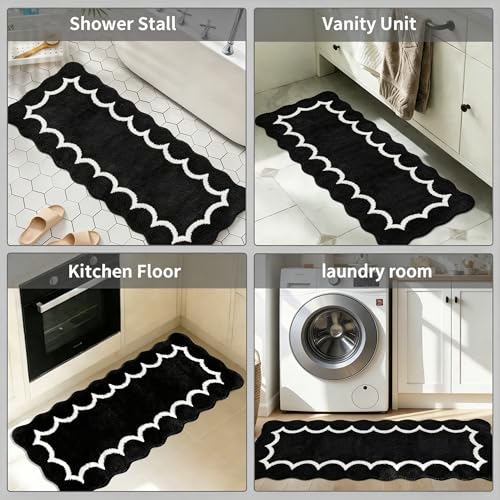 Scalloped Black Bathroom Rugs Runner,Non Slip Absorbent 17"x47" - color: Black2, size: 2' x 4'11" (Rectangular)