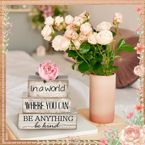 Yuntau 4 Pcs Farmhouse Tiered Tray Decor, Be Kind Block Sign with Flower - style: Flower