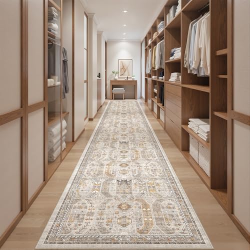 befbee 2'6"x16' Runner Rug for Hallway Washable Non Slip Kitchen Rug - color: Brown/Gold, size: 2'6" x 16' (Runner)