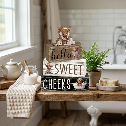 Britimes Tiered Tray Decor Set, 4 Pack, Wooden Table Signs, Highland Cow - style: Highland Cow