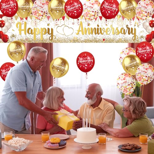 Red Gold Happy Anniversary Banner & Yard Sign with 18pcs 12" Latex Balloons for Wedding Party Supplies