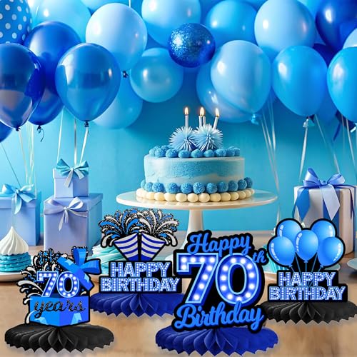 Happy 70th Birthday Honeycomb Centerpieces 9Pcs Stylish Sophisticated Blue Neon Theme Table Decor for Boys Girls Birthday Party Celebration Favors Decorations Photo Props Supplies - BECKTEN - color: 70