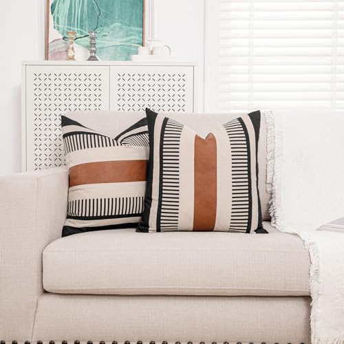 Farmhouse Stripe Pillow Cover 20x20 Boho Accent Cushion Case Faux Leather Decorative Pillowcase,Black and Beige (Cover ONLY, Pack of 2) - color: Black and Beige, size: 20" x 20" (Pack of 2)