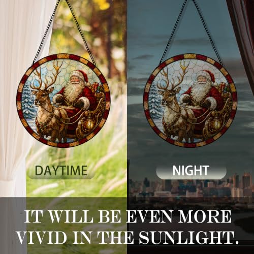 Christmas Deer Suncatcher Stained Glass Window Hanging, Winter Santa Claus Reindeer Xmas Sun Catchers Indoor Window Glass Round Wall Decor, Christmas Wall Art Hanging Decorations, 7.8x7.8in - color: Deer
