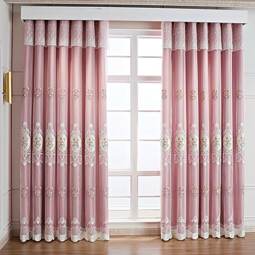 Amidoudou 1 Pair European Double Layer Curtains with Valance for Living Room Bedroom Floral Embroidered Curtains (Pink,51x90 Inch) - color: Pink, size: 51"W x 90"L (Pack of 2)