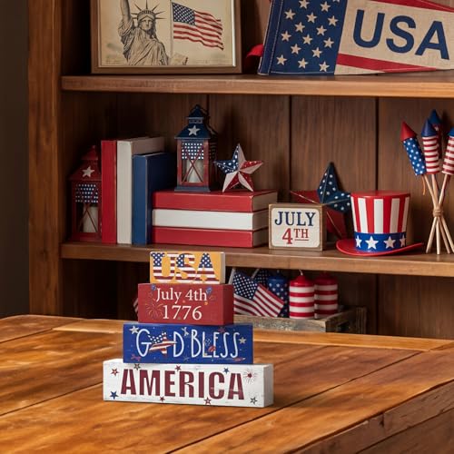 Smile 4th of July 250th Anniversary Wooden Block Stack with USA Decor, 4-Piece Patriotic Tiered Tray Decor for Independence Day & Memorial Day - style: 250