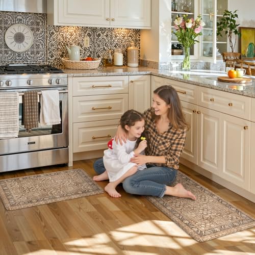 KIMODE Anti Fatigue Kitchen Mat, Boho Distressed Kitchen Rugs Sets of 2 - color: Brown/Multi, size: 47"L x 17.3"W x 0.47"Th + 29"L x 17.3"W x 0.47"Th