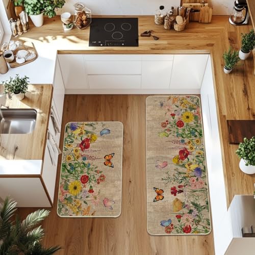 Artoid Mode Wood Flowers Butterfly Spring Kitchen Mats Set of 2, Seasonal Home Decor Leaves Low-Profile Kitchen Rugs for Floor - 24x35 and 24x59 Inch - color: Brown, size: 24" x 35" /24" x 59"
