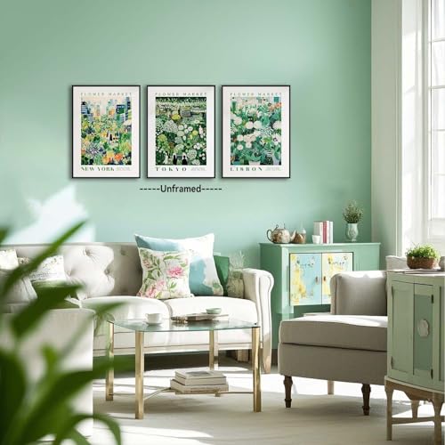 XLARTMY Flower Market Wall Art Prints Canvas Green Yellow White Floral Paintings Colorful Botanical Travel Flower Posters for Home Decor Pictures Set of 3 for Living Room Bedroom 12x16in Unframed - color: Flower Market GReen, size: 12x16in Poster