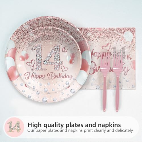 Grencian 96Pcs Rose Gold 14th Birthday Party Decorations, Serves 24 - style: Rose Gold 14th Birthday