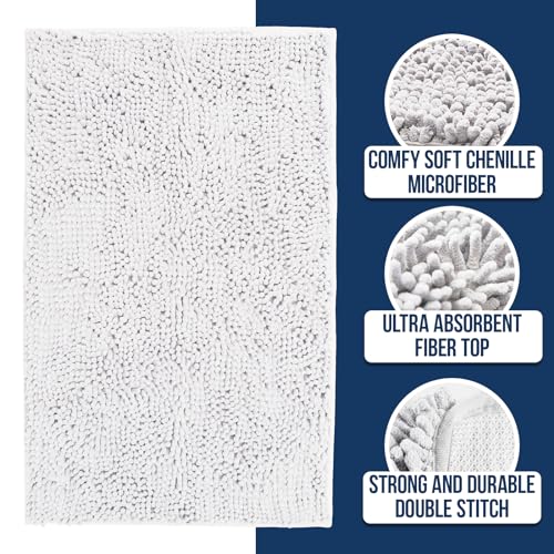 Muddy Mat® | Chenille Bathroom Rugs Quick Dry Microfiber Mats Non Slip Washable, Extra Thick, Soft and Highly Absorbent Bath Mats for Bathroom, Kitchen, and Shower Floor - White 19"x30" - color: White, size: 19" x 30"