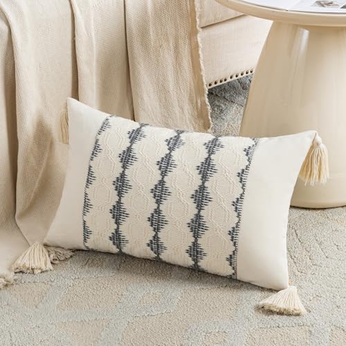 Fancy Homi Set of 2 Neutral Grey Farmhouse Lumbar Decorative Throw Pillow Covers 12x20 Inch for Couch Bed Chair, Vintage Country Rustic Retro Room Decor, Soft Rectangle Cushion Case with Tassels - color: Gray, size: 20" x 12" (Pack of 2)