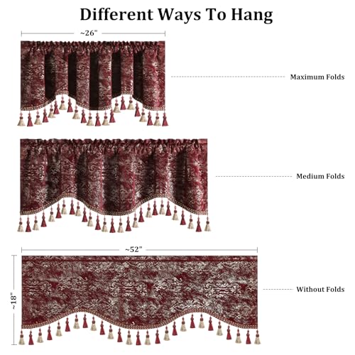 Leeva Velvet Window Valance 52x18 Burgundy, Foil Print Floral Pattern Rod Pocket Curtain Topper with Tassel Trim for Bedroom Living Room - color: Burgundy