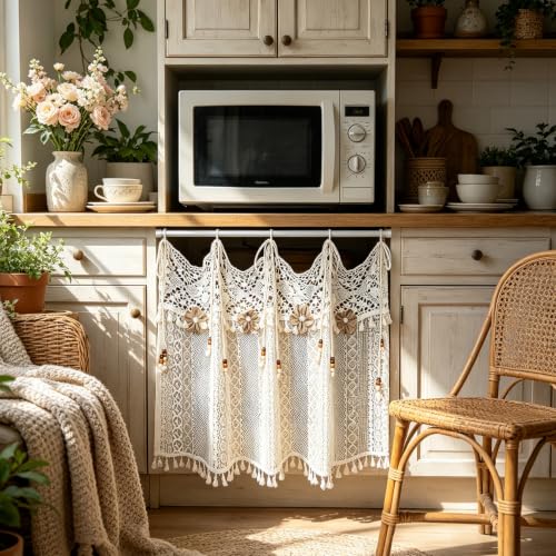 Boho Crochet Lace Sheer Curtain Valance for Window Kitchen Doorway Entryway - size: 43"W x 20"L (Pack of 1)