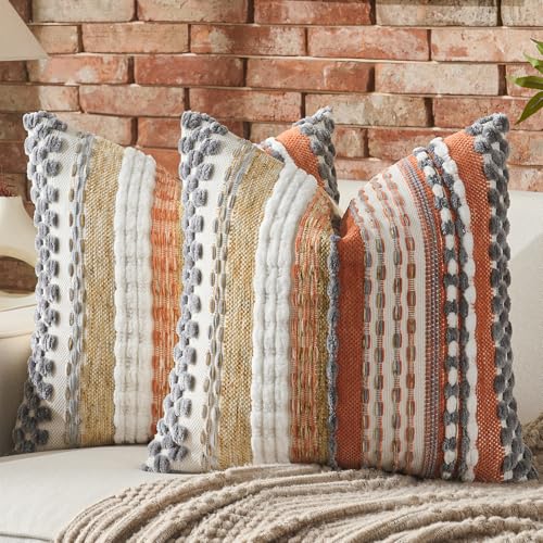AmHoo Set of 2 Chenille Tufted Striped Textured Boho Throw Pillow Covers Aesthetic Woven Decorative Pillow Case for Couch Bed Sofa Bedroom Modern Funky 18 x 18-Inch Orange Grey - color: Orange Grey, size: 18" x 18" (Pack of 2)