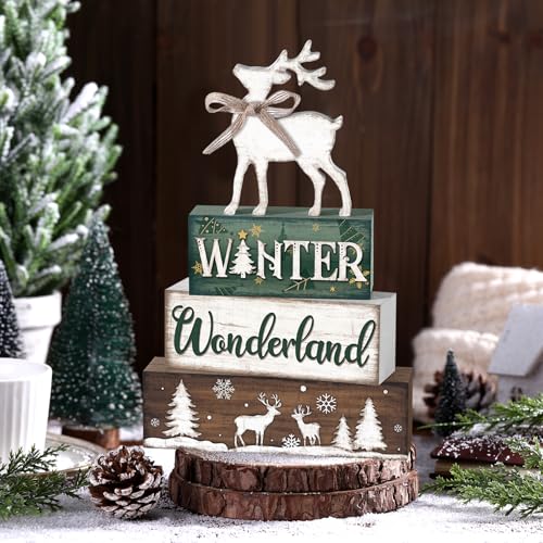 Yousoontic 4 Pcs Winter Woodland Reindeer Figurine, Rustic Farmhouse Decor - style: Wonderland