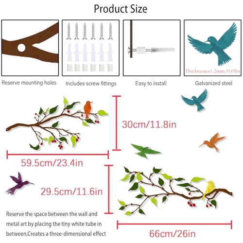 Harikikochuu 4PCS Metal Birds Wall Art, Birds on the Branch Silhouette Art, Metal Leaves with Hummingbirds Outdoor Wall Art for Home Office Balcony Garden Decor (Colorful, Hummingbirds) - color: Colorful B